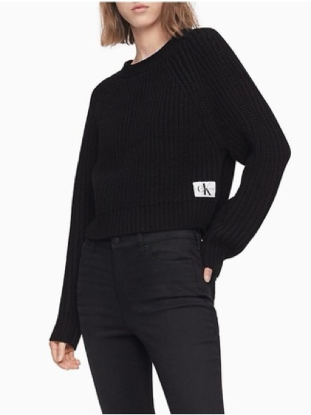 Calvin Klein Jeans Black Crewneck Ribbed Knit Cropped Sweater Size Large